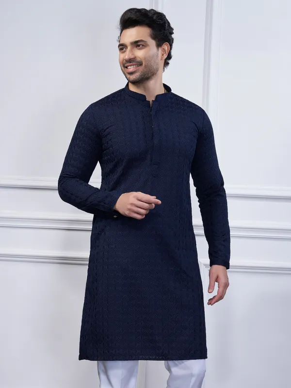 Navy cotton kurta suit with embroidery for mens