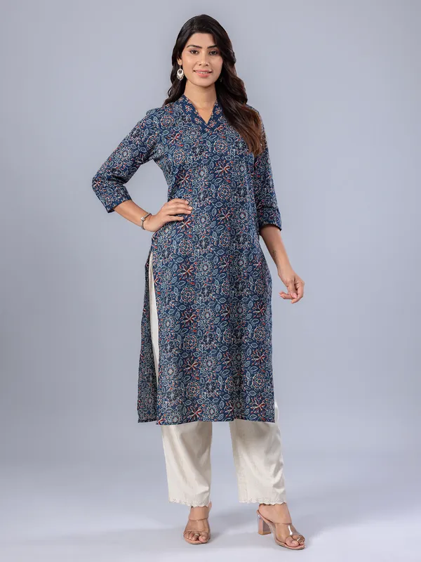 Navy cotton printed casual wear kurti for women
