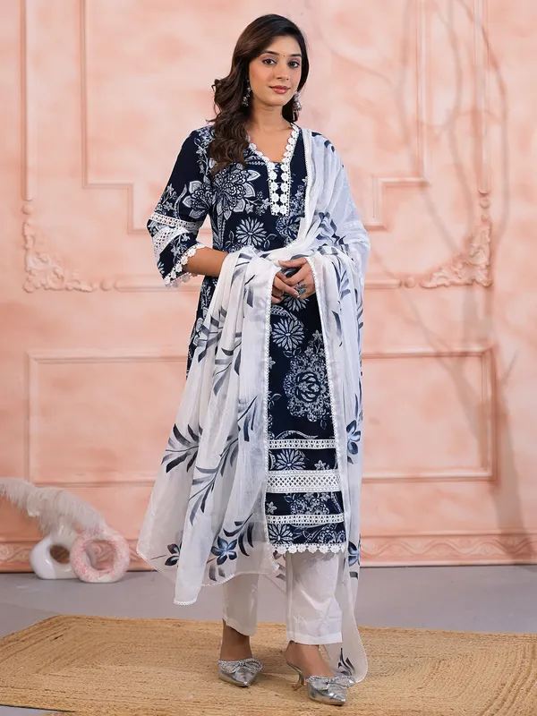 Navy cotton printed kurti set for festival