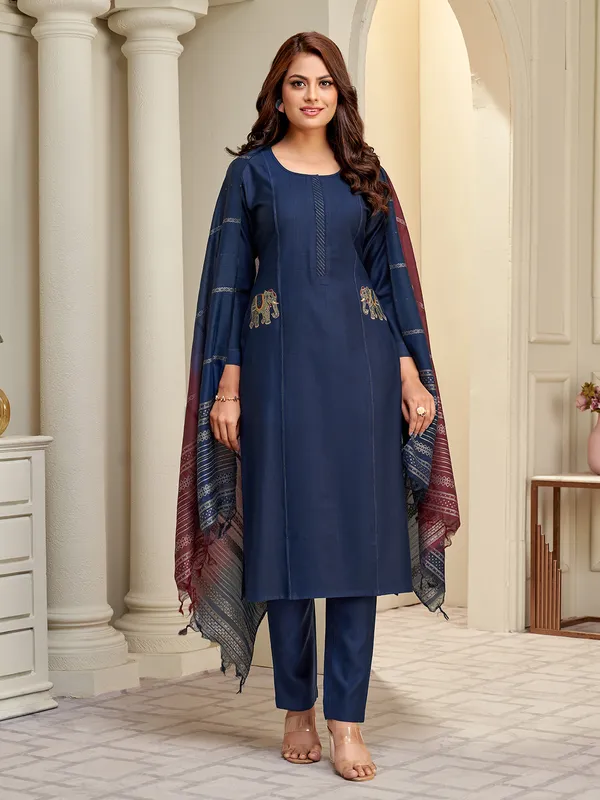 Navy cotton silk embroidered salwar suit