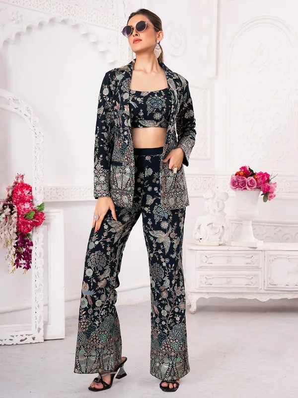 Navy cotton silk jacket style palazzo suit