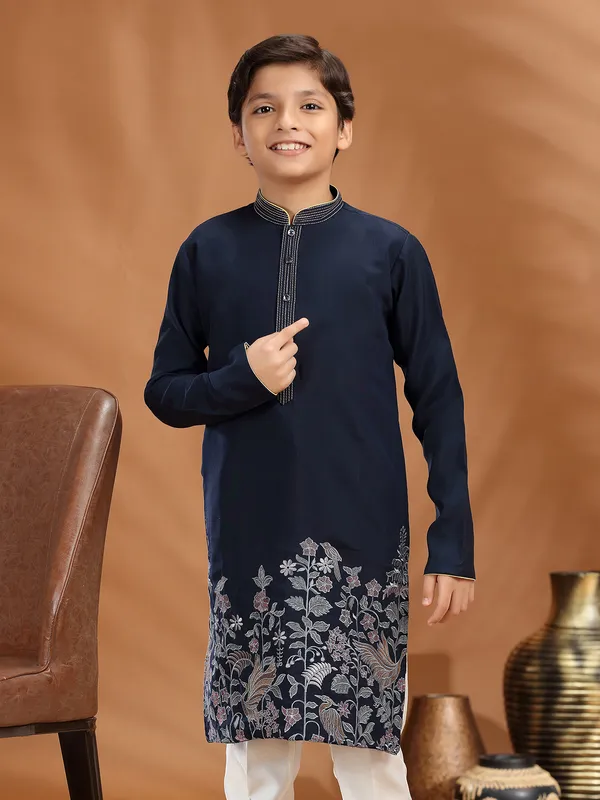 Navy cotton silk kurta pajama