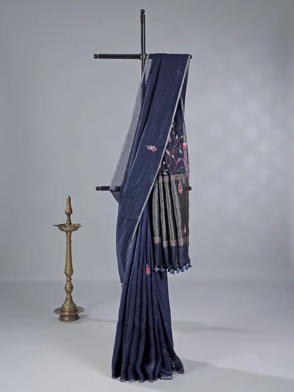 Navy cotton silk saree with subtle shine