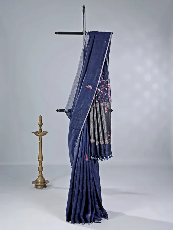 Navy cotton silk saree with subtle shine