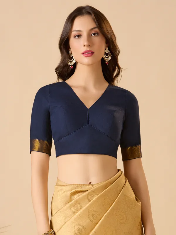 Navy cotton solid blouse with V neck and elbow sleeves