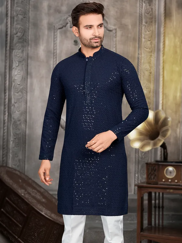 Navy embroidery cotton kurta