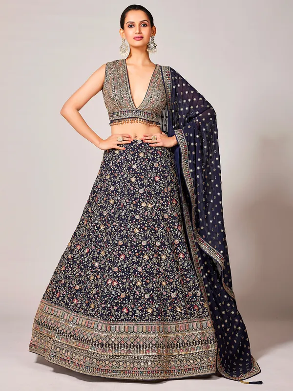 Navy embroidery lehenga choli in georgette