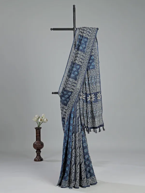 Navy festive wear semi cotton saree with print