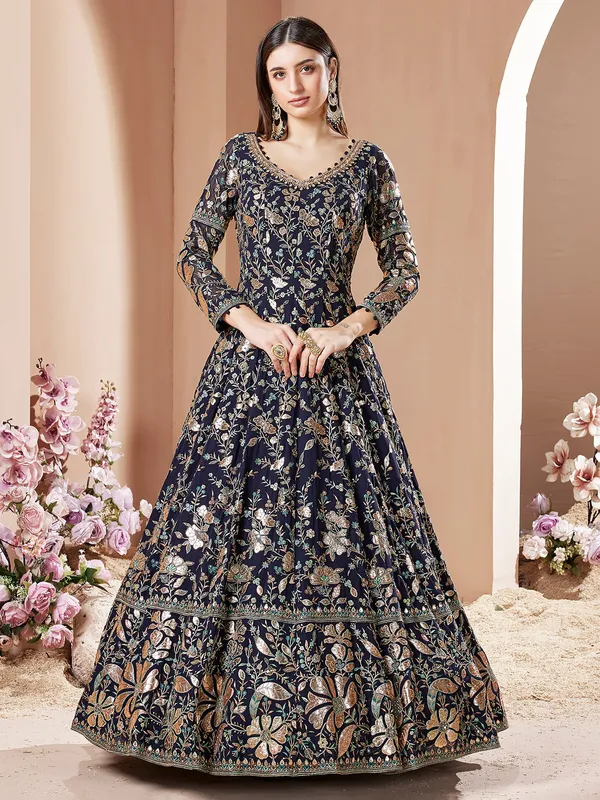 Navy floor length anarkali suit with embroidery work