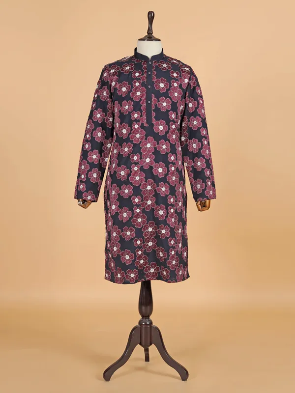 Navy floral printed cotton kurta pajama