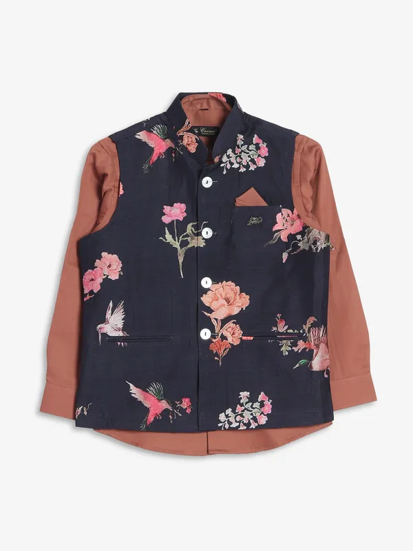 Navy floral printed silk waistcoat with shirt