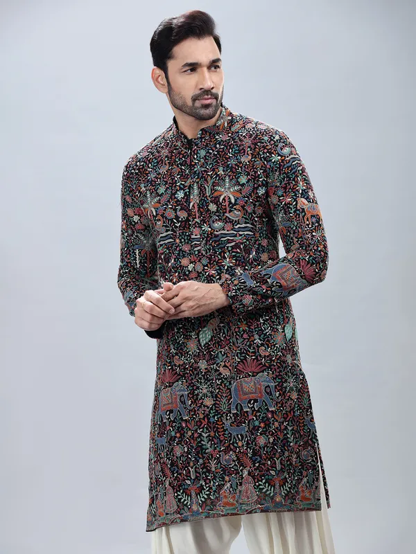 Navy georgette embroidery kurta set for men