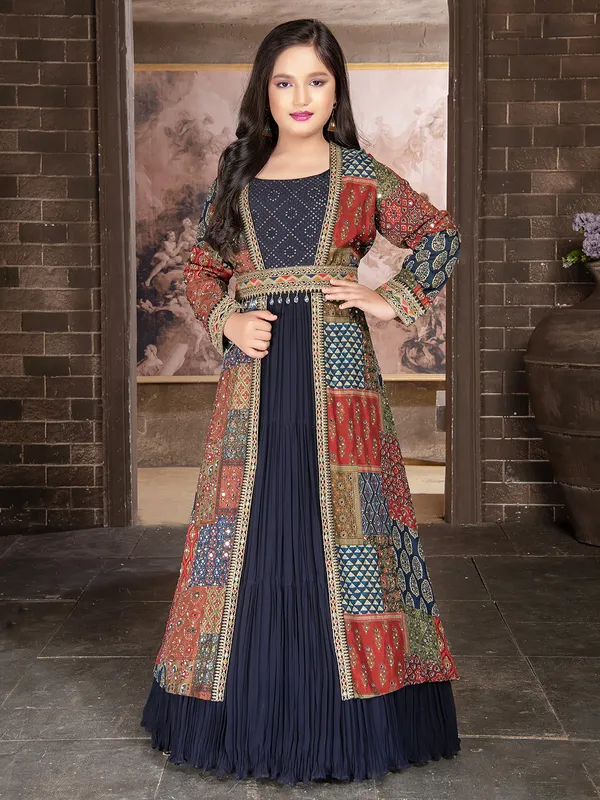 Navy georgette gown with printed shrug