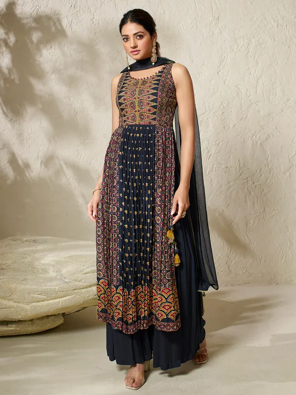 Navy georgette printed nyra cut palazzo suit