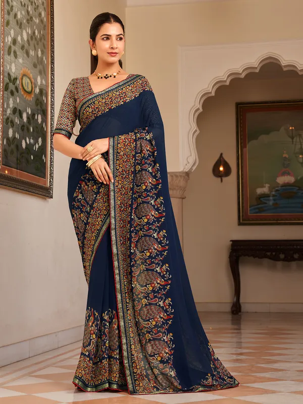 Navy gorgette saree with print