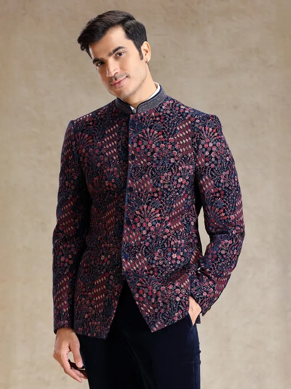 Navy jodhpuri suit in multi color embroidery