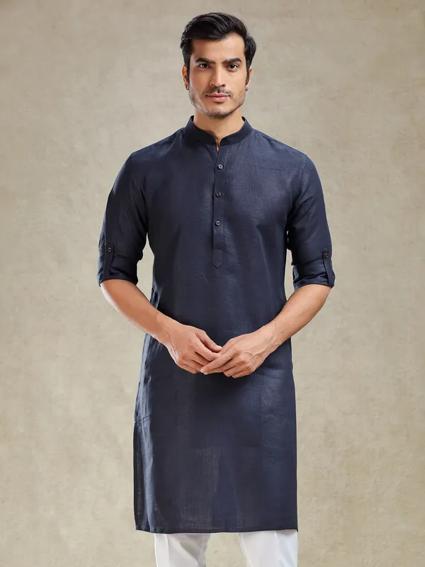 Navy linen kurta for festive wear for mens
