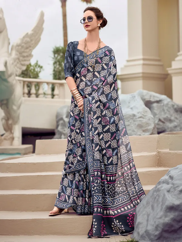 Navy malmal silk saree with print