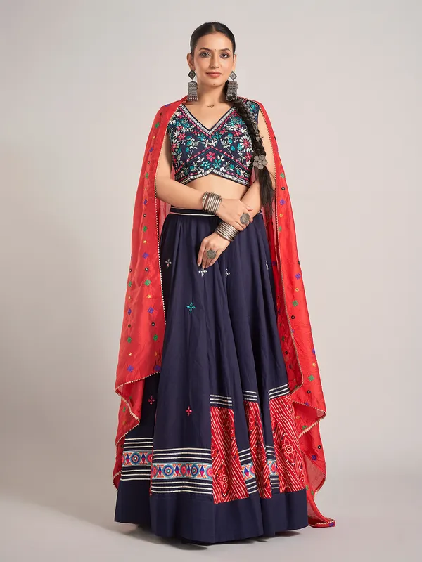 Navy navratri silk chaniya choli with V neck