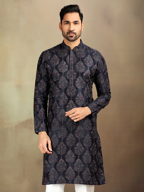 Navy nova silk kurta set with elegance