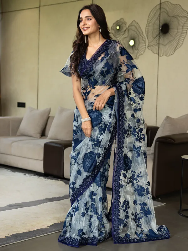 Navy organza party wear saree for women