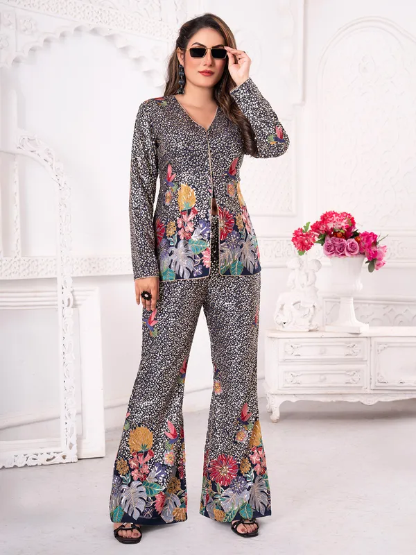 Navy pakistani silk palazzo suit with full sleeve embroidery