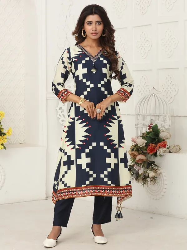 Navy printde festive wear kurti set