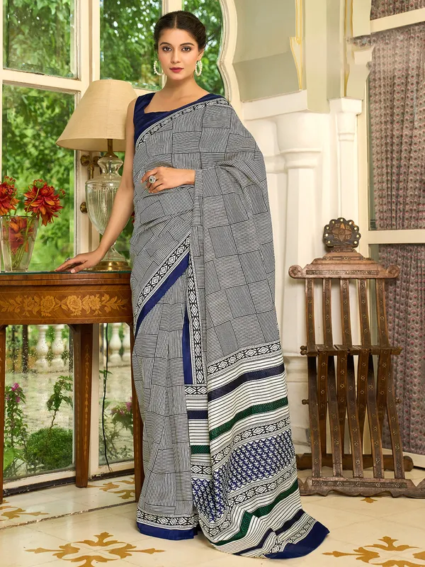 Navy printed bhagalpuri silk saree