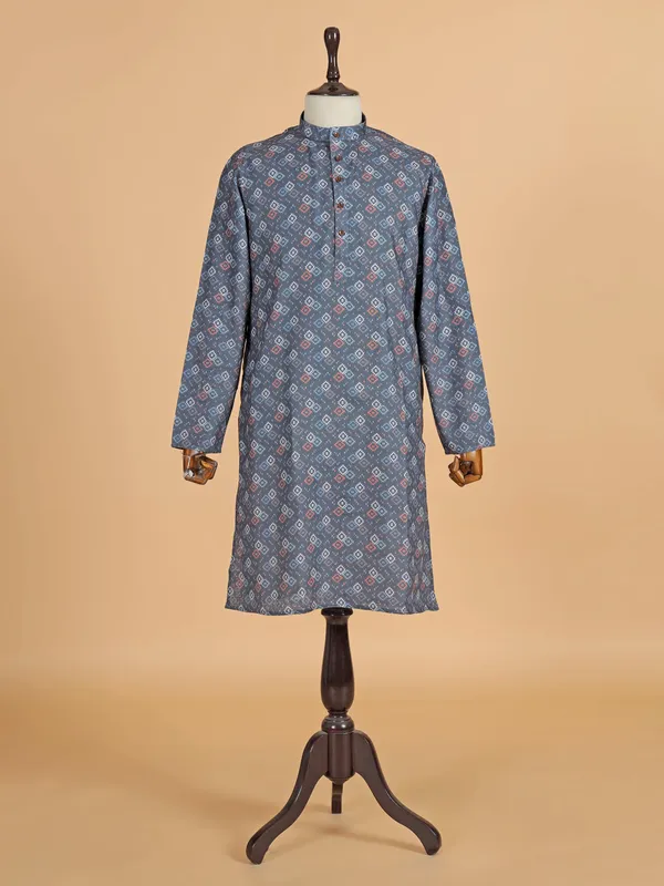 Navy printed cotton silk kurta set