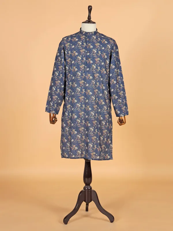 Navy printed cotton silk kurta suit for festive
