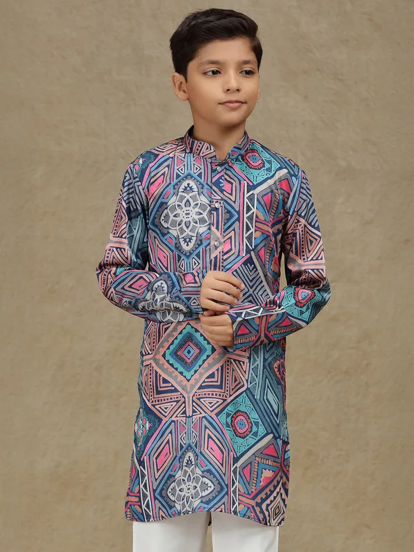 Navy printed cotton silk kurta suit for festive wear
