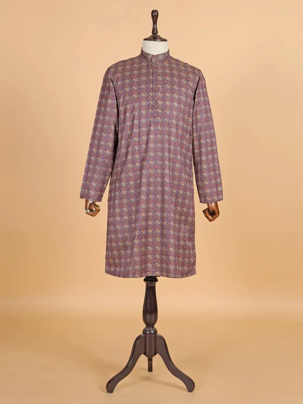 Navy printed cotton silk kurta suit for men