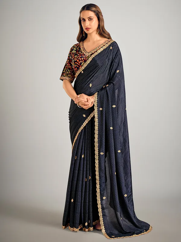 Navy printed crepe silk saree