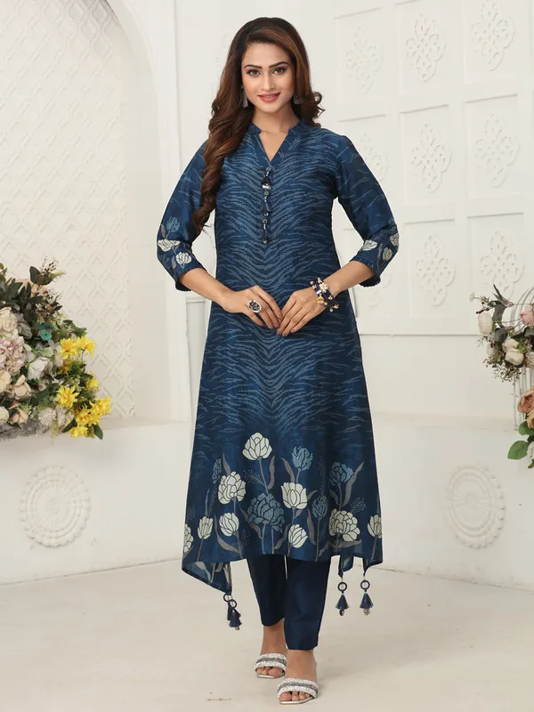 Navy printed kurti set in soft russian silk
