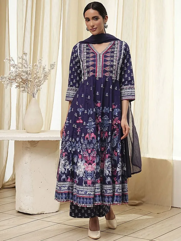 Navy printed palazzo kurti set in cotton silk