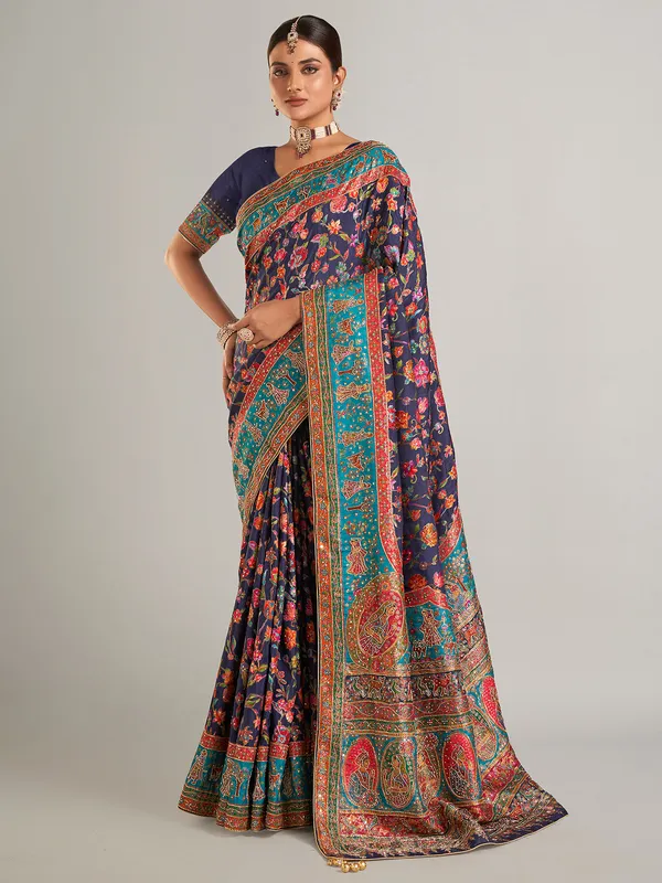 Navy printed pashmina silk saree