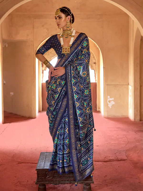 Navy printed patola silk saree for festive wear