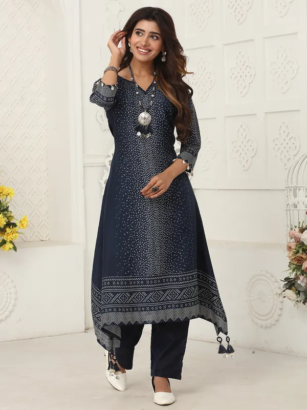 Navy printed russian silk kurti set