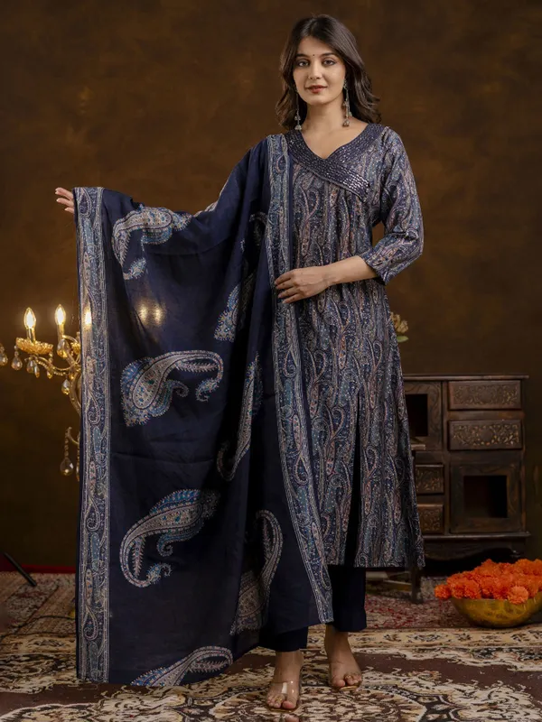 Navy printed silk kurti set for festive