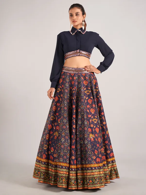 Navy printed silk lehenga choli for women