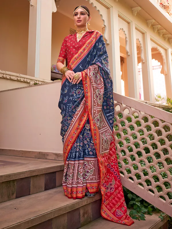 Navy printed silk saree for festive elegance