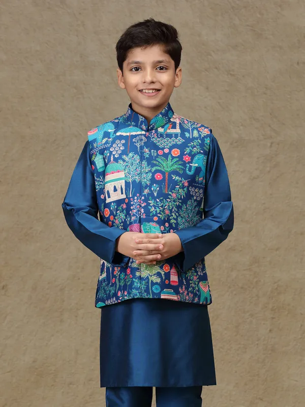 Navy printed silk waistcoat set