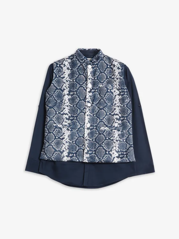 Navy printed velvet waistcoat with shirt