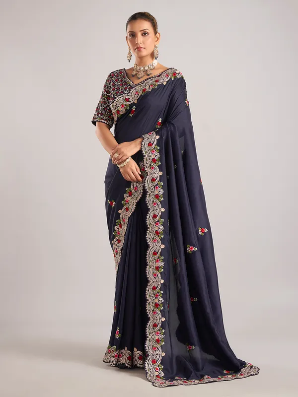Navy pure dola silk saree with elegant embroidery