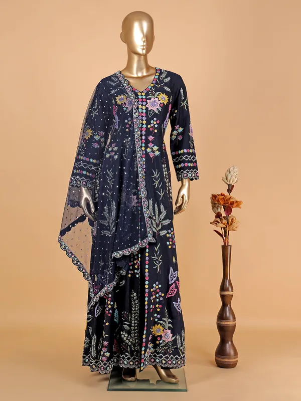 Navy raw silk embroidery salwar suit