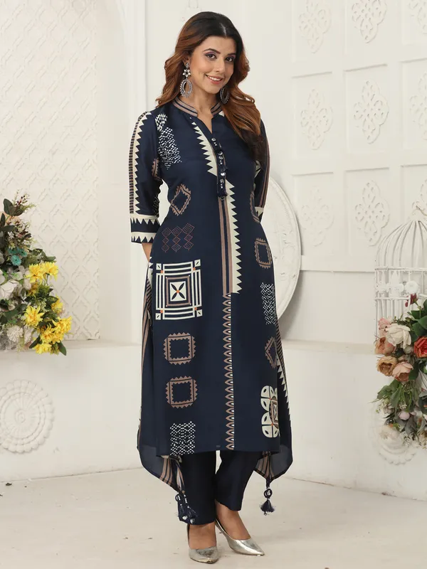 Navy russian silk kurti set with print