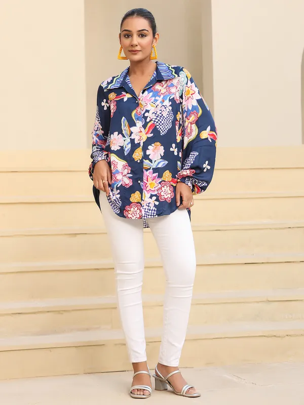 Navy satin top in print for women