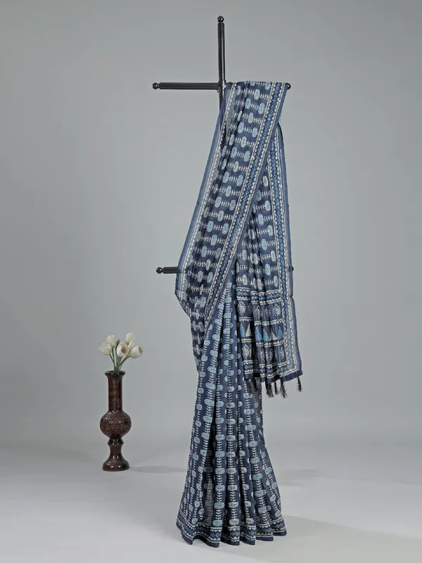 Navy semi cotton thread worked saree