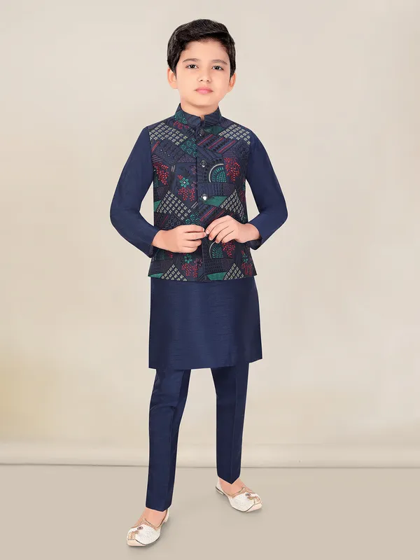 Navy silk boys waistcoat set with embroidery
