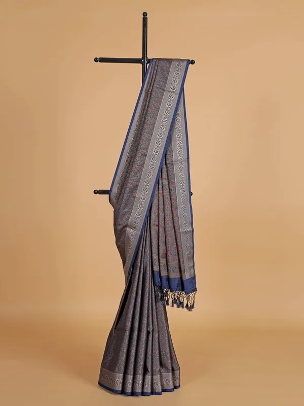 Navy silk festive wear printed saree